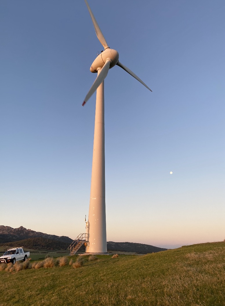 Enercon E30 wind turbine on Flinders Island at dusk
